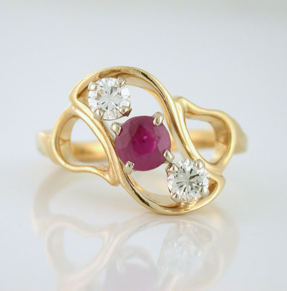 Ruby Diamond Three Stone Ring 14k yellow gold. Unique Engagement Ring
